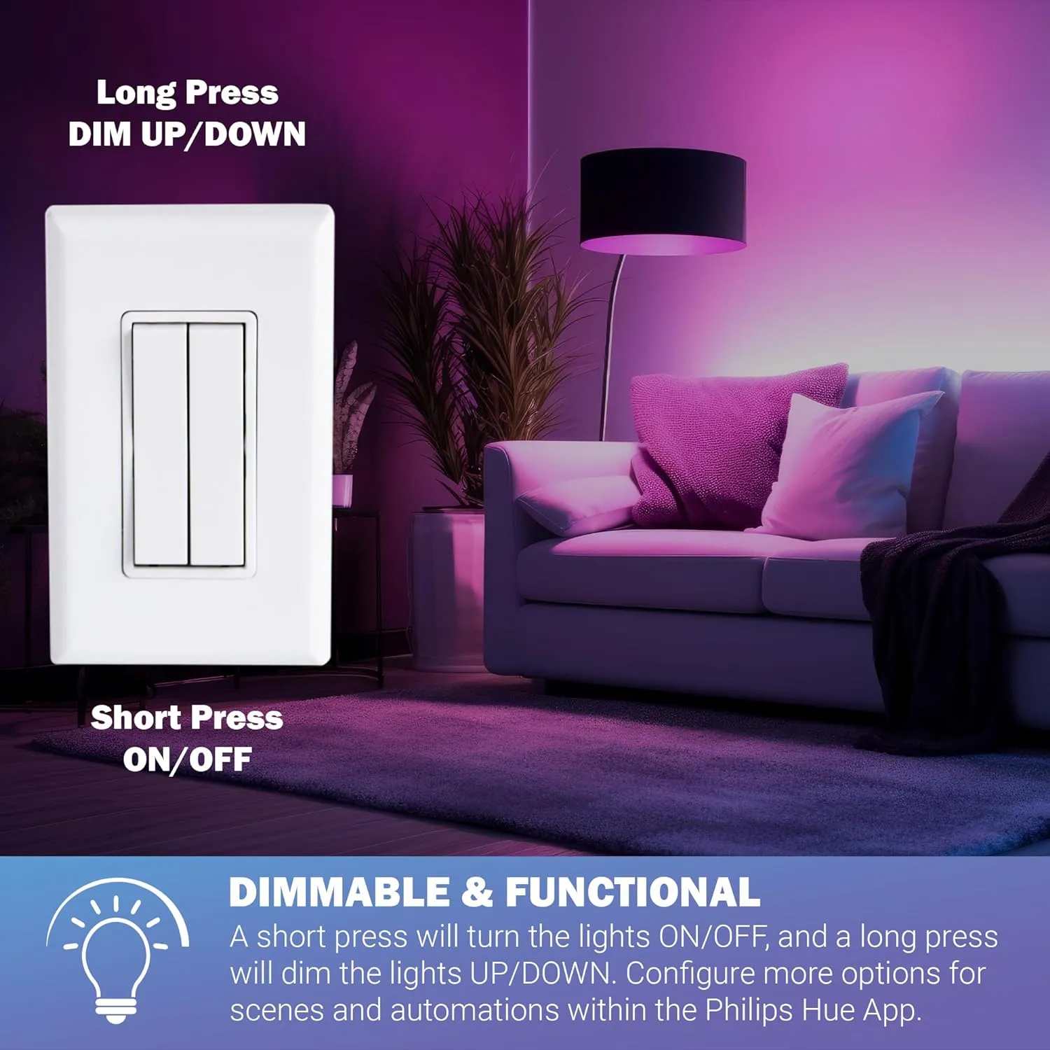 RunLessWire Click for Philips Hue Wireless Battery Free Dimming Smart Switch Friends of Hue Bulb Lighting Control Works with All Home Automation Hubs Through Bridge & App Self Powered - Ivory