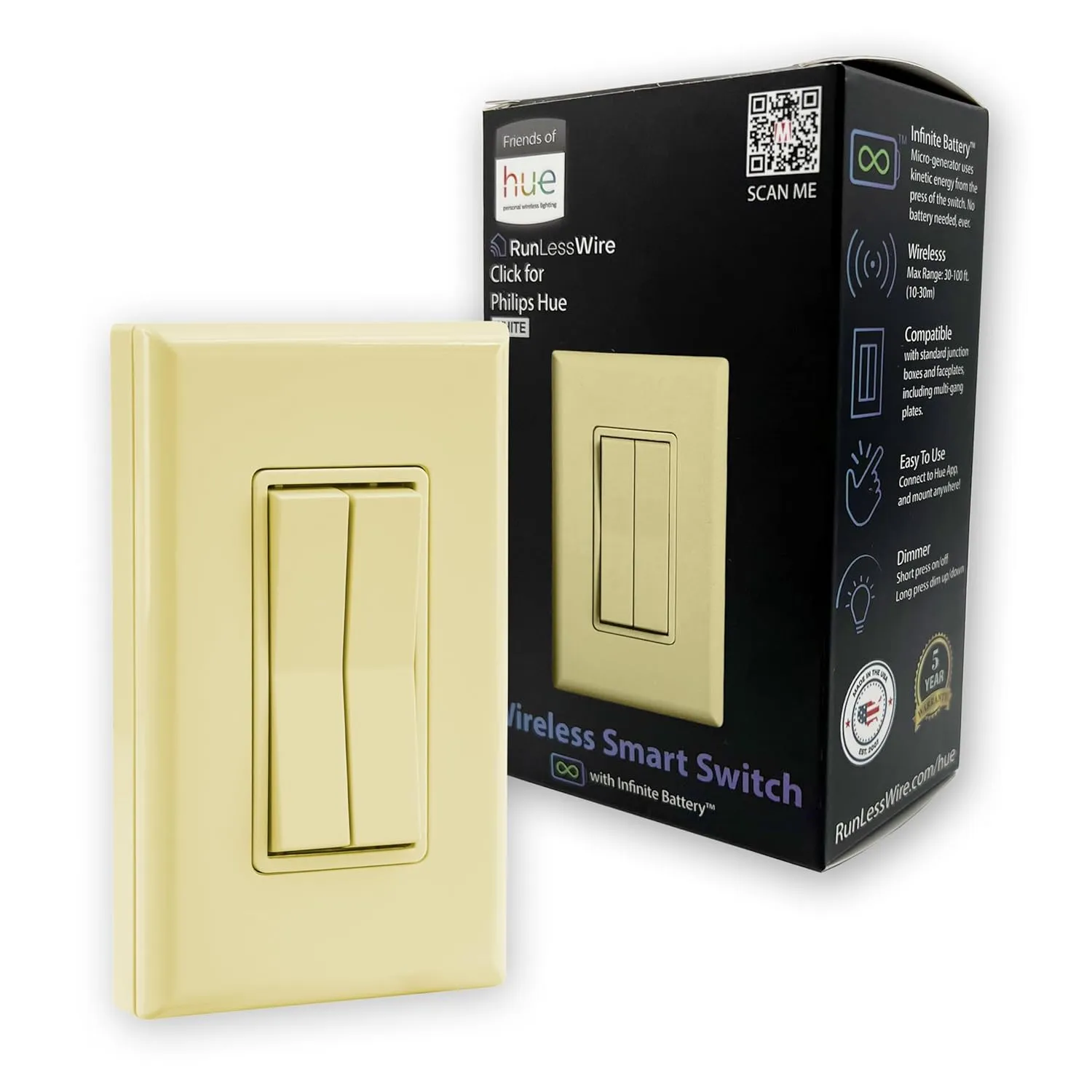 RunLessWire Click for Philips Hue Wireless Battery Free Dimming Smart Switch Friends of Hue Bulb Lighting Control Works with All Home Automation Hubs Through Bridge & App Self Powered - Ivory