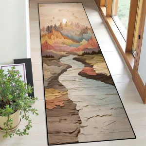 Runner Rug Washable 2x6 Peel Distressed Wooden Textured Pale Color Landscape Bohemian River Non-Slip Hallway Area Rug Indoor Outdoor Home Decor for Entryway Bathroom Kitchen Carpet Yoga Floor Mat