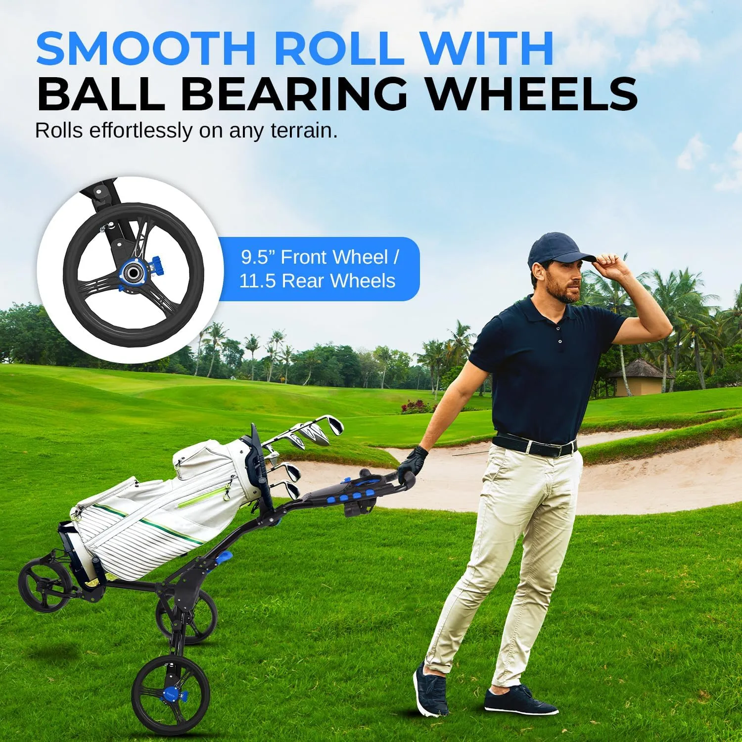 SereneLife 3 Wheel Golf Push Pull Cart – Lightweight, Foldable, Bag Holder with Adjustable Handle, Caddy Accessories, Compact Folding Golf Trolley for Travel