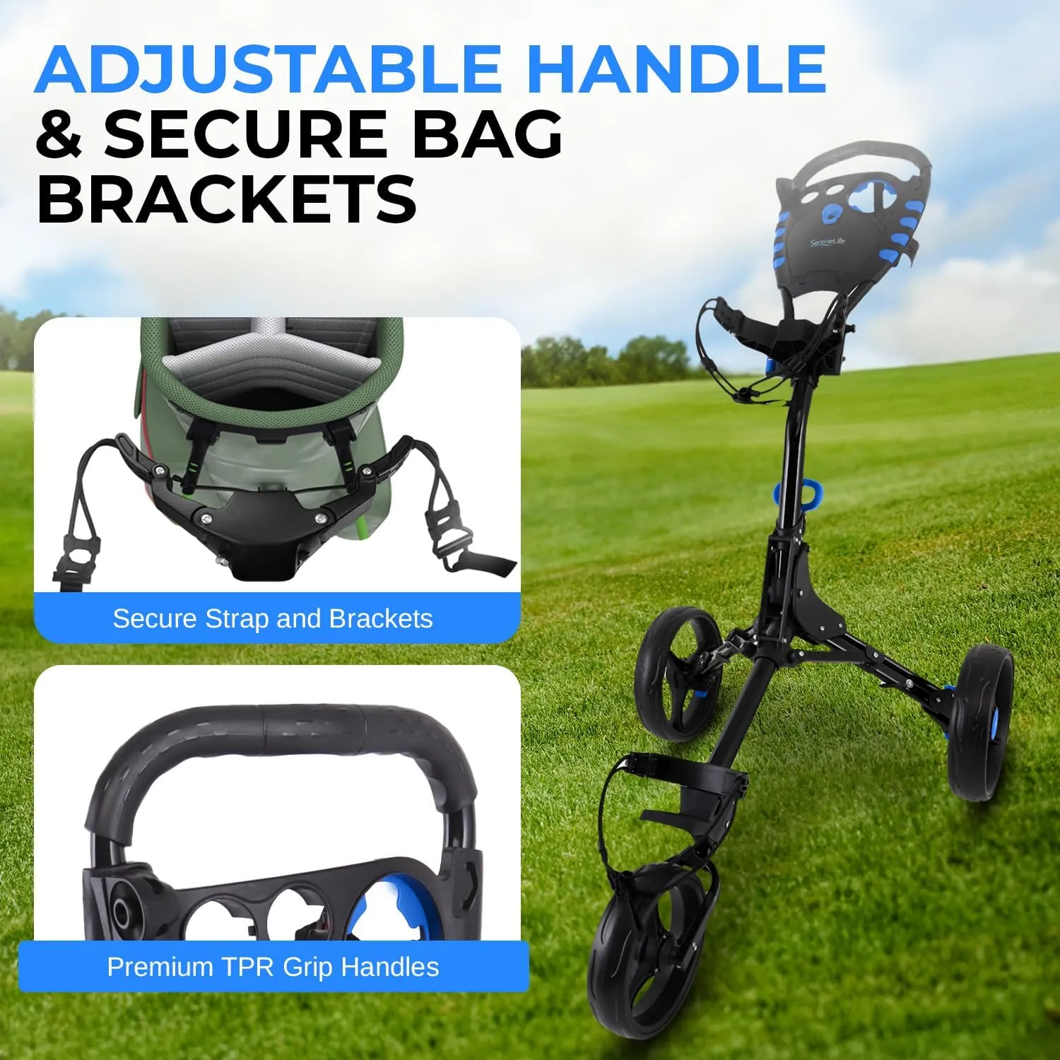 SereneLife 3 Wheel Golf Push Pull Cart – Lightweight, Foldable, Bag Holder with Adjustable Handle, Caddy Accessories, Compact Folding Golf Trolley for Travel