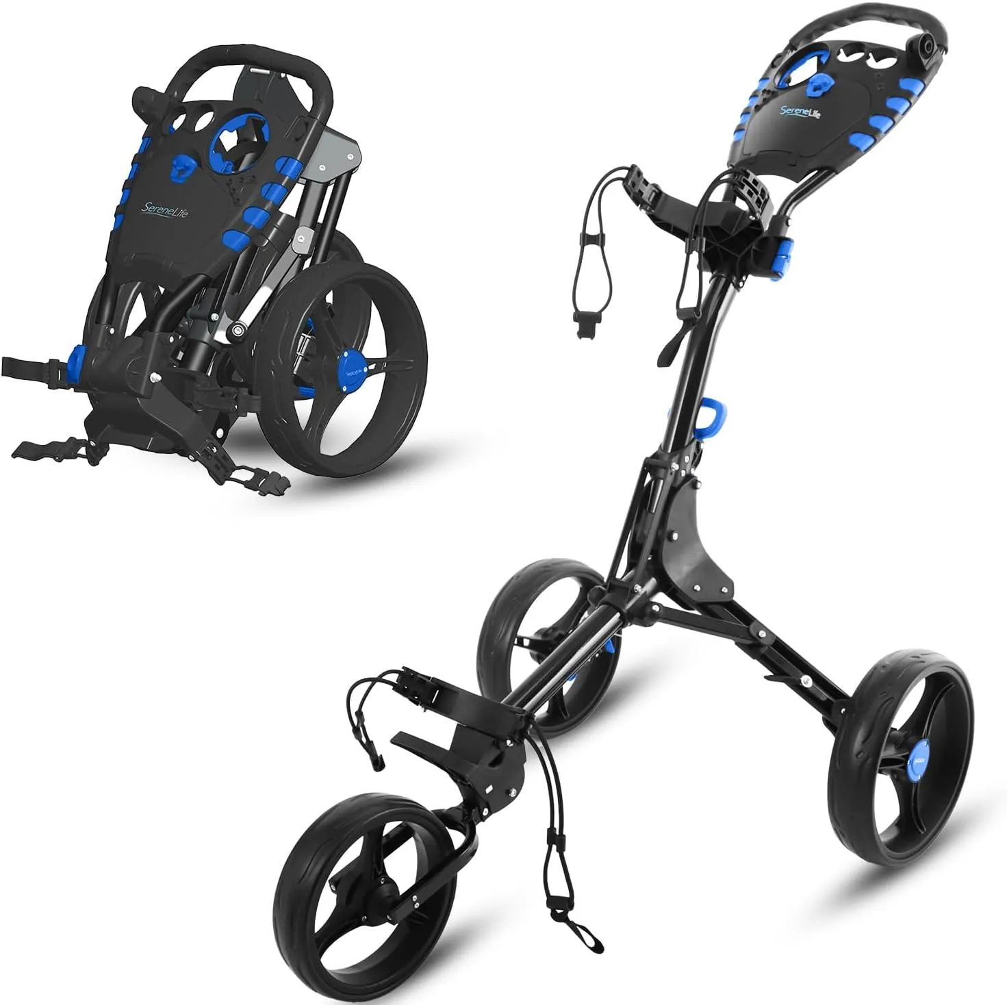 SereneLife 3 Wheel Golf Push Pull Cart – Lightweight, Foldable, Bag Holder with Adjustable Handle, Caddy Accessories, Compact Folding Golf Trolley for Travel