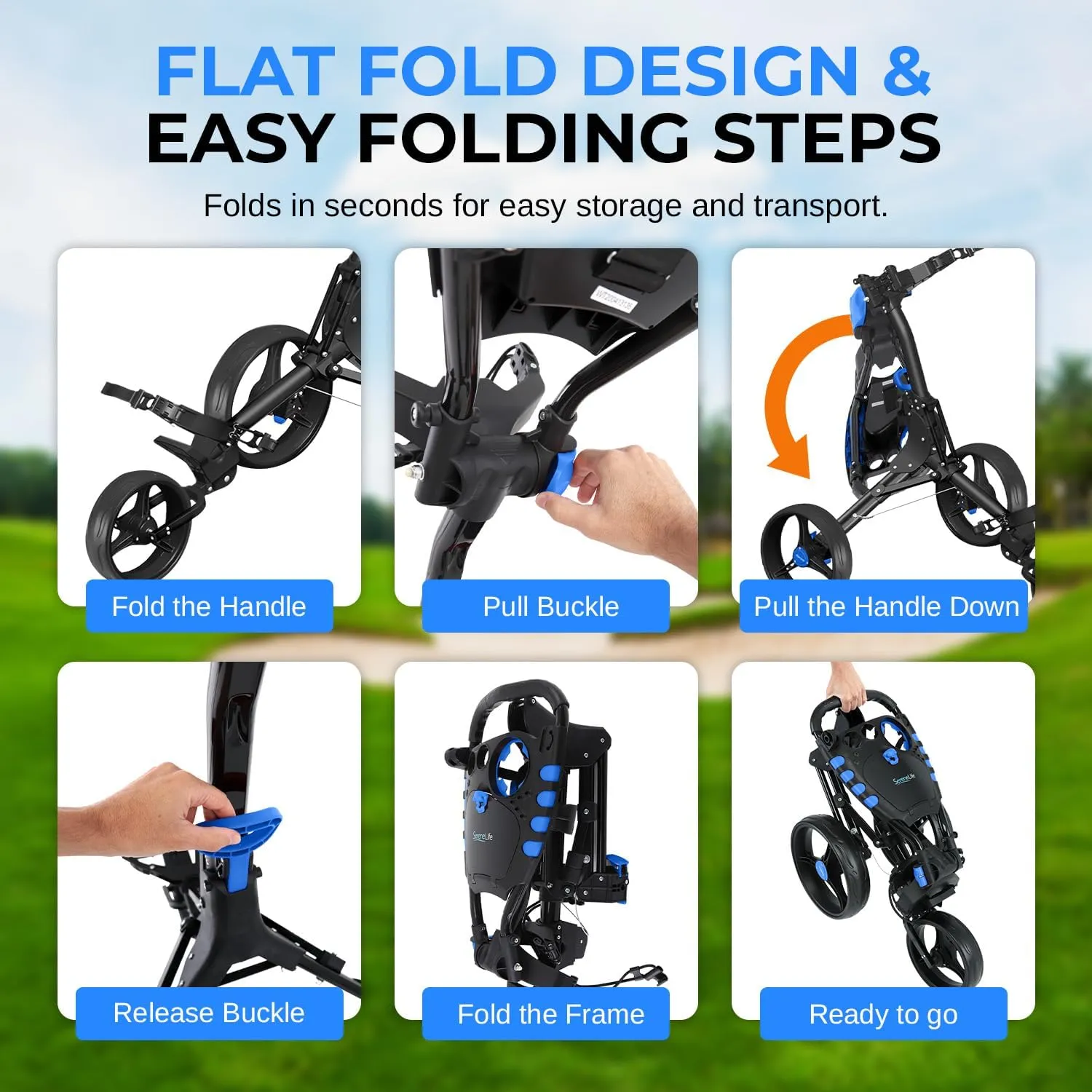 SereneLife 3 Wheel Golf Push Pull Cart – Lightweight, Foldable, Bag Holder with Adjustable Handle, Caddy Accessories, Compact Folding Golf Trolley for Travel