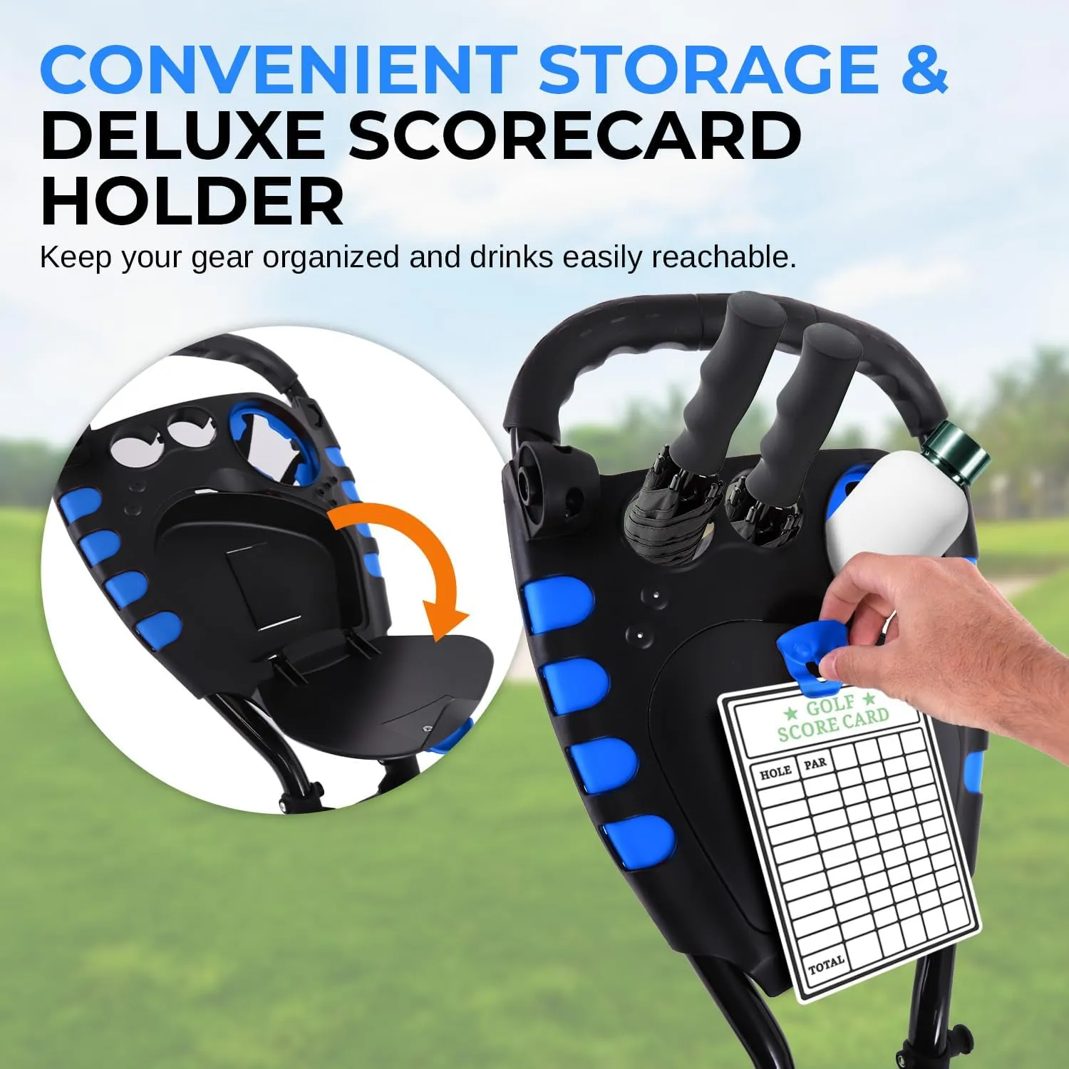 SereneLife 3 Wheel Golf Push Pull Cart – Lightweight, Foldable, Bag Holder with Adjustable Handle, Caddy Accessories, Compact Folding Golf Trolley for Travel