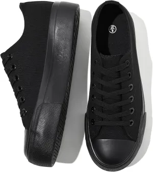 SERNIAL Womens White Platform Sneakers Low Top Platform Shoes Black Canvas Shoes for Women