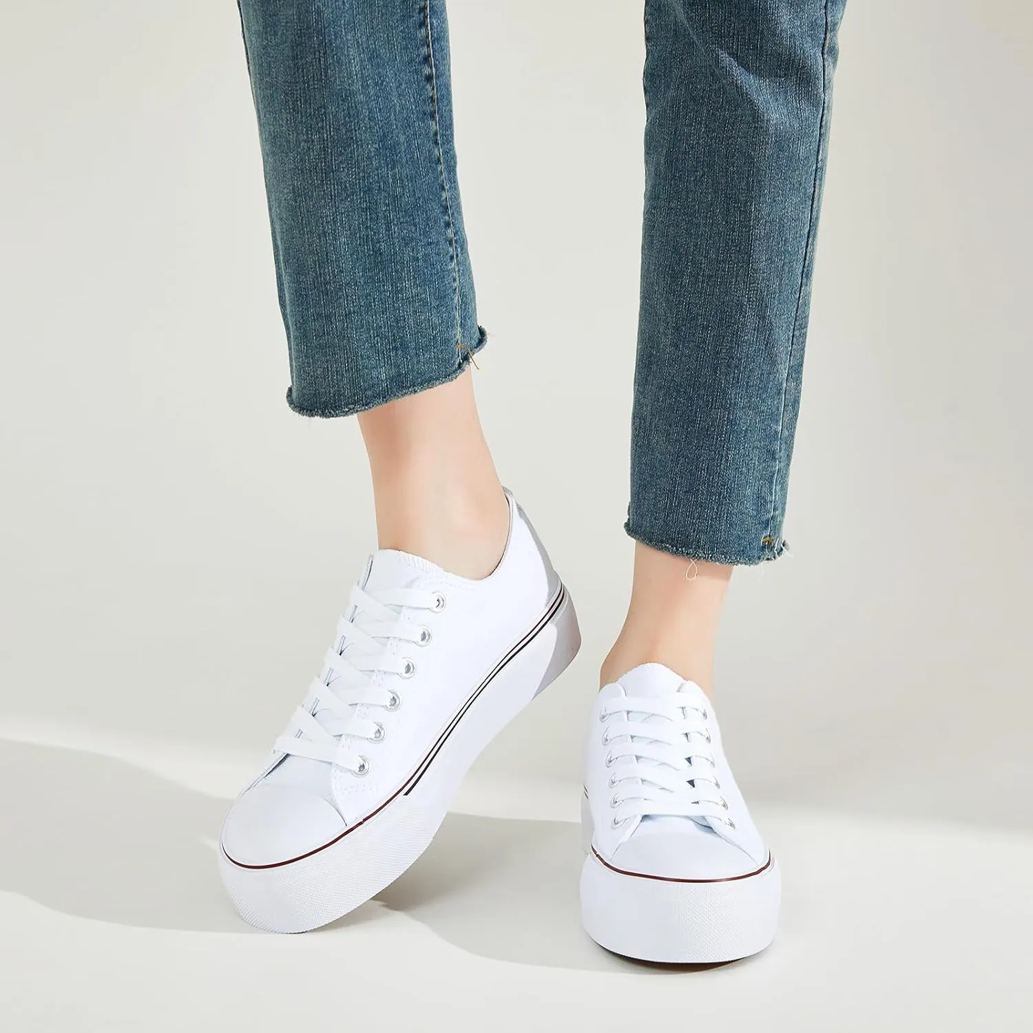 SERNIAL Womens White Platform Sneakers Low Top Platform Shoes Black Canvas Shoes for Women