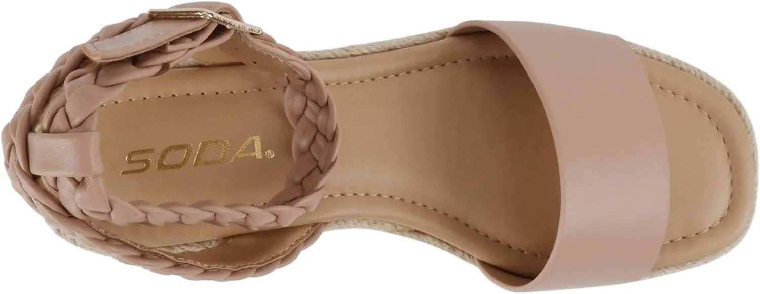 Soda “Emaline” ~ Women Square Toe Single Band Espadrille Wedge Sandal with Braided Ankle Strap