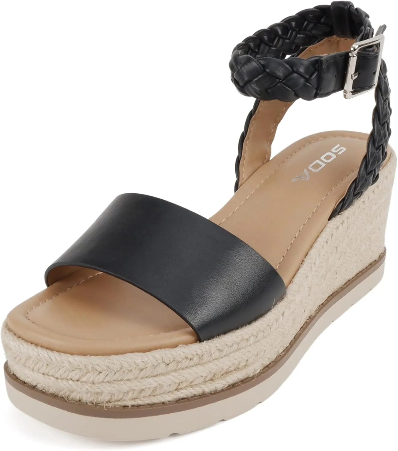 Soda “Emaline” ~ Women Square Toe Single Band Espadrille Wedge Sandal with Braided Ankle Strap