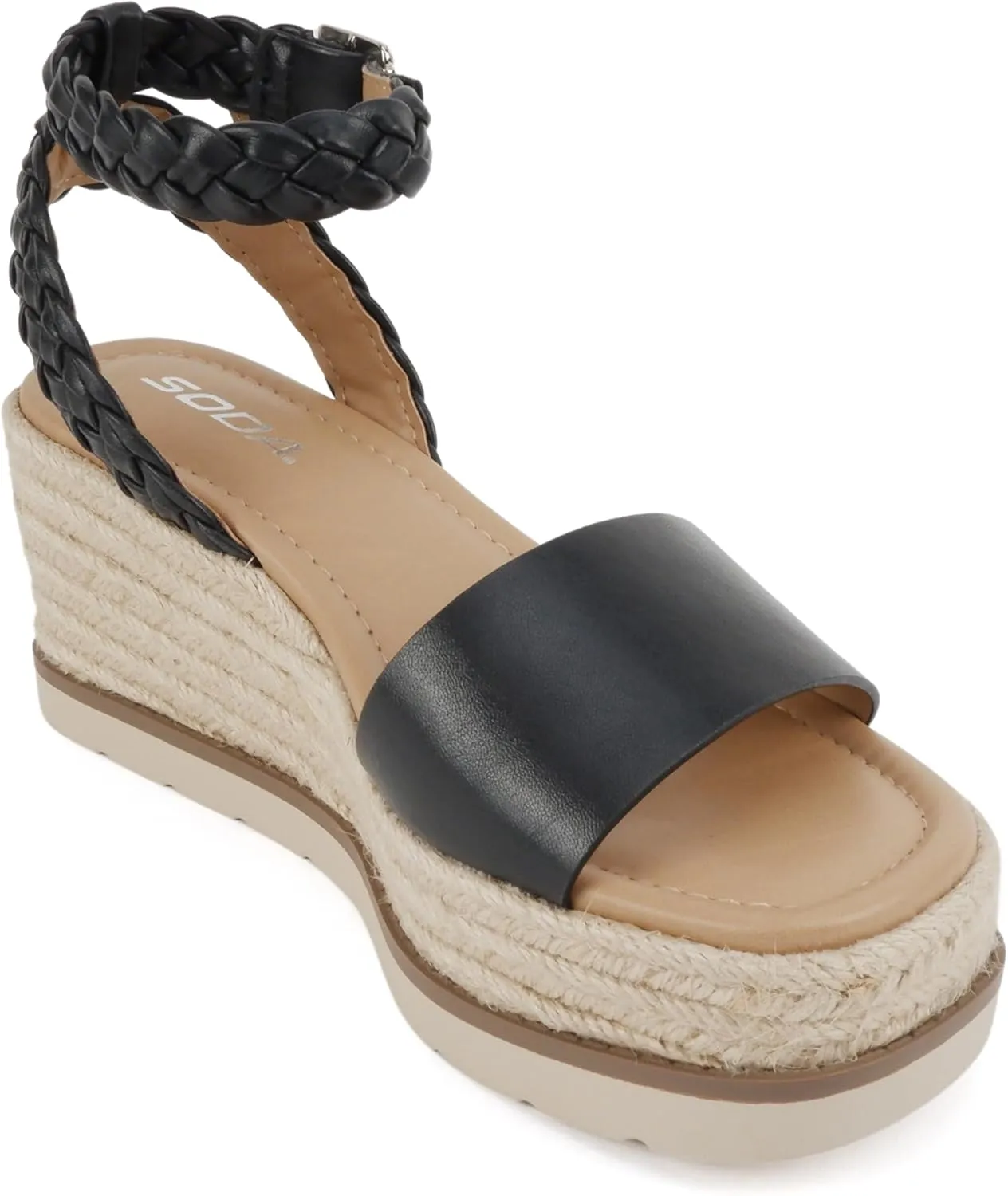 Soda “Emaline” ~ Women Square Toe Single Band Espadrille Wedge Sandal with Braided Ankle Strap