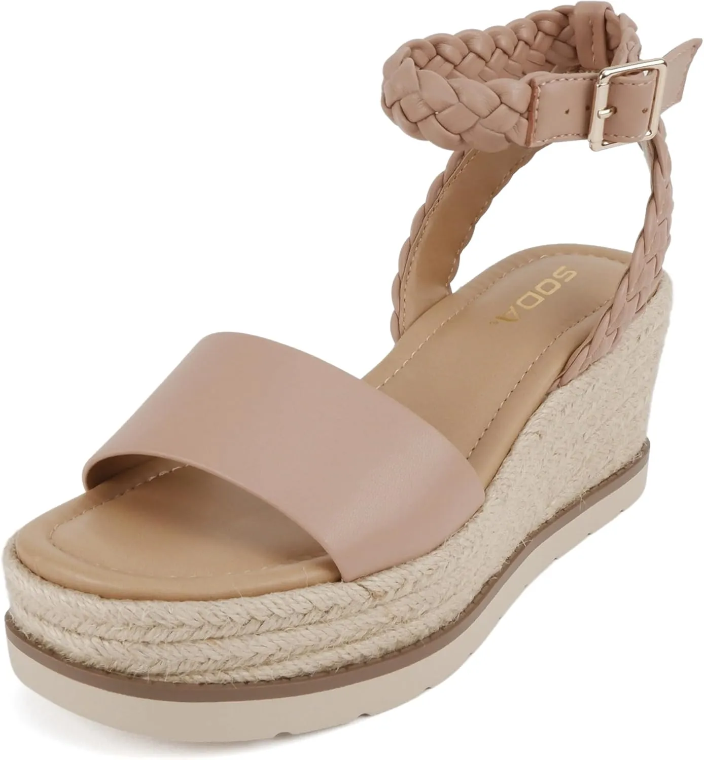 Soda “Emaline” ~ Women Square Toe Single Band Espadrille Wedge Sandal with Braided Ankle Strap