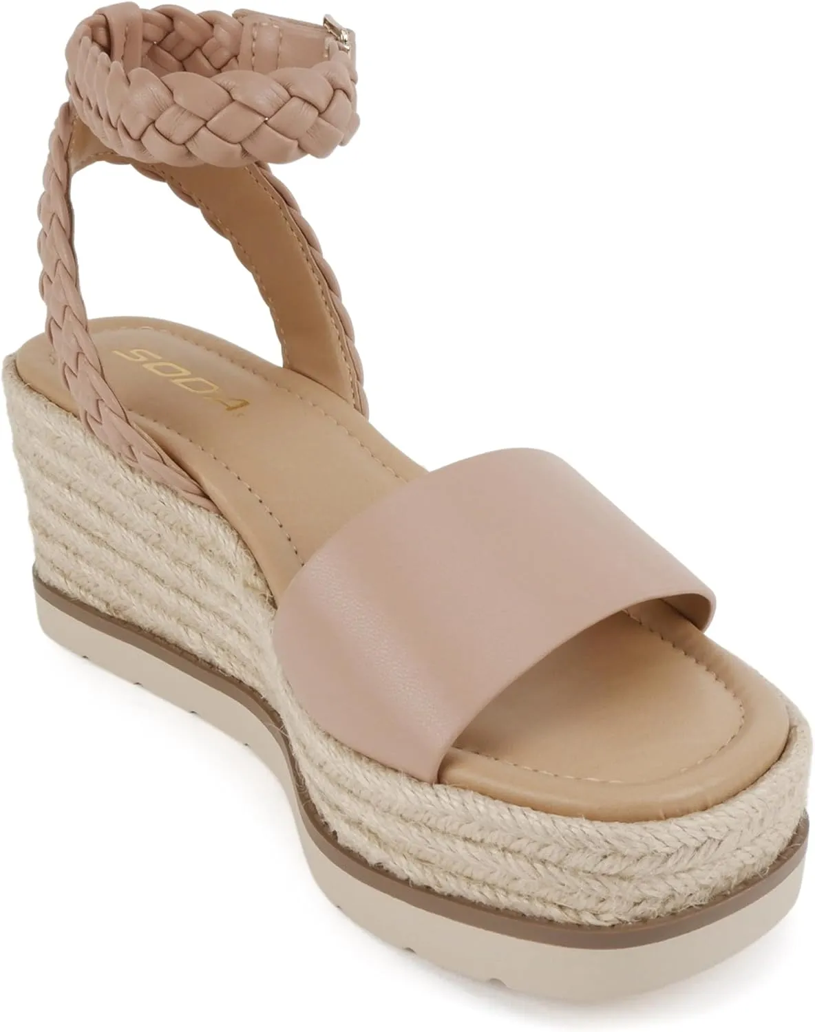 Soda “Emaline” ~ Women Square Toe Single Band Espadrille Wedge Sandal with Braided Ankle Strap