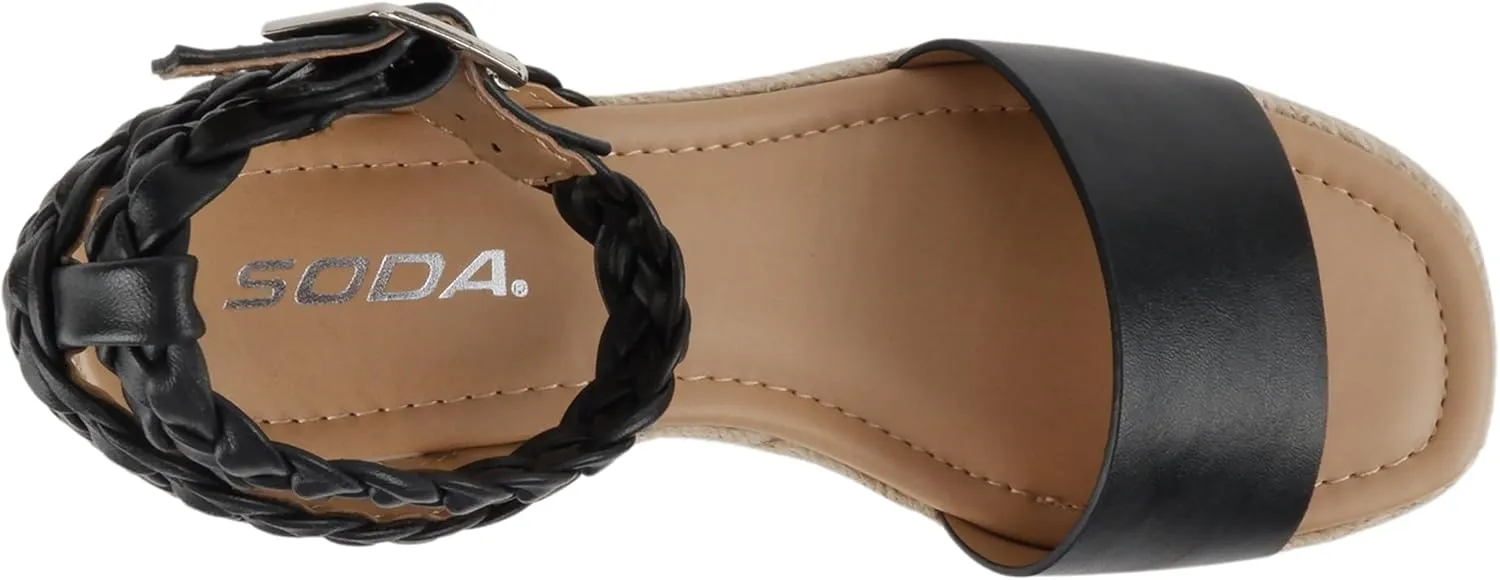 Soda “Emaline” ~ Women Square Toe Single Band Espadrille Wedge Sandal with Braided Ankle Strap