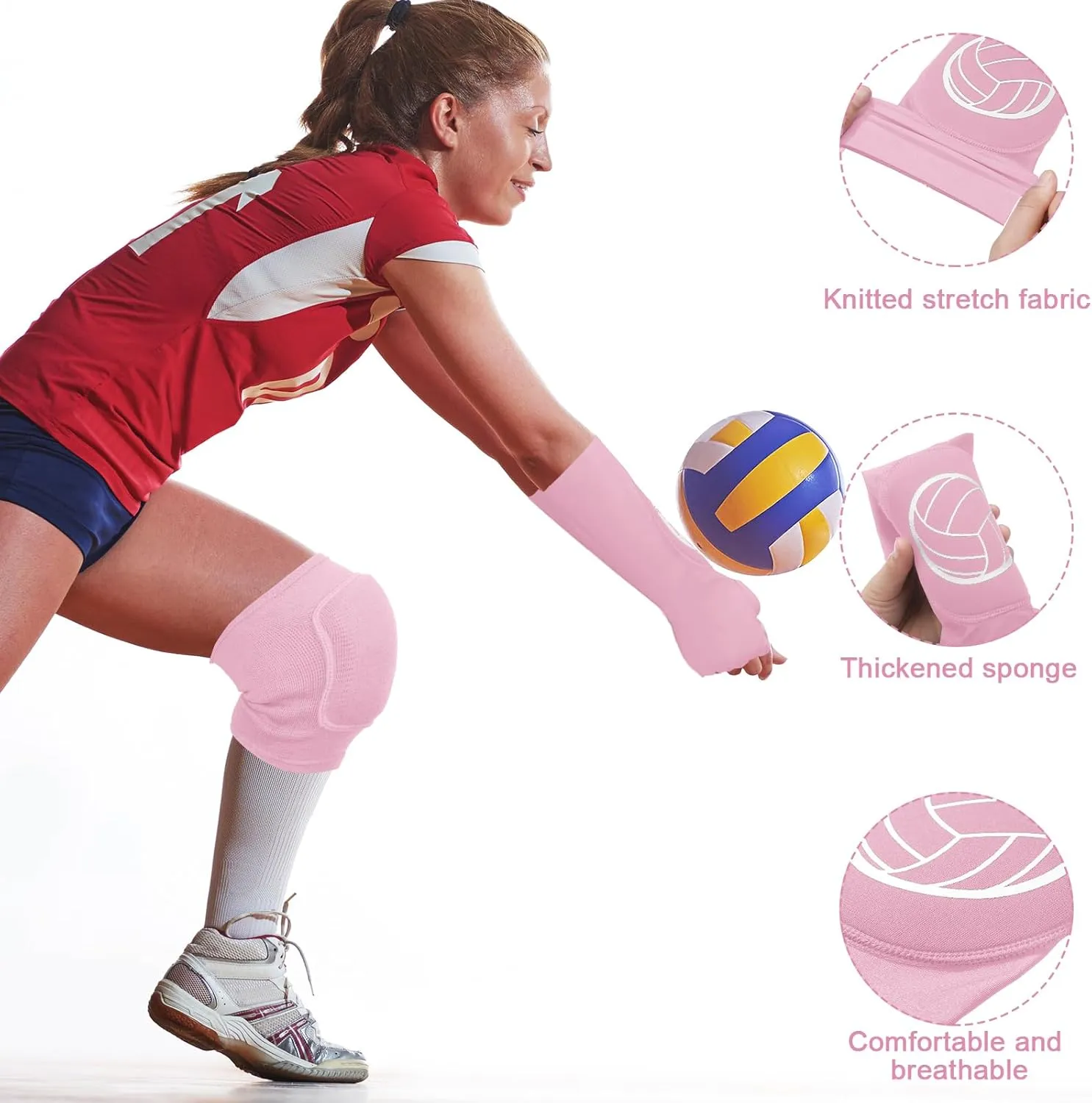 Sosation 2 Set Volleyball Knee Pads and Volleyball Arm Sleeves with Protection Pad Compression Forearm Wrist Guard with Thumb Hole Soft Breathable for Hitting Passing