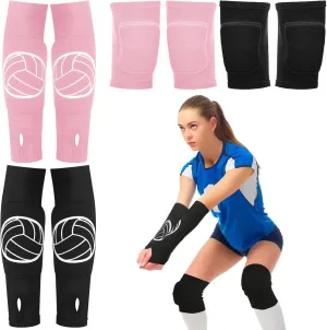 Sosation 2 Set Volleyball Knee Pads and Volleyball Arm Sleeves with Protection Pad Compression Forearm Wrist Guard with Thumb Hole Soft Breathable for Hitting Passing