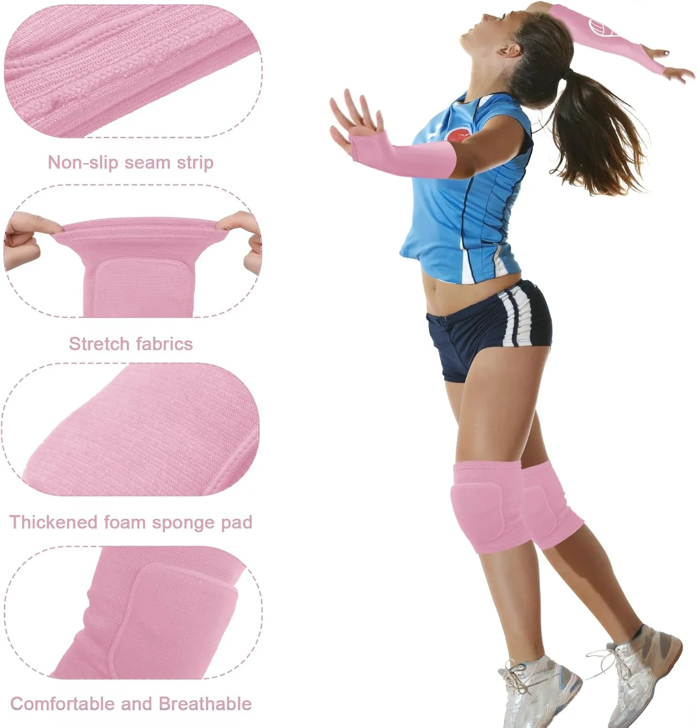 Sosation 2 Set Volleyball Knee Pads and Volleyball Arm Sleeves with Protection Pad Compression Forearm Wrist Guard with Thumb Hole Soft Breathable for Hitting Passing