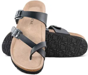 TF STAR Adjustable Sandals, Flat Leather Casual Slippers for Women & Ladies, Flip-Flops Ring Open-Toe Slide Cork Footbed for Teenagers/Girls