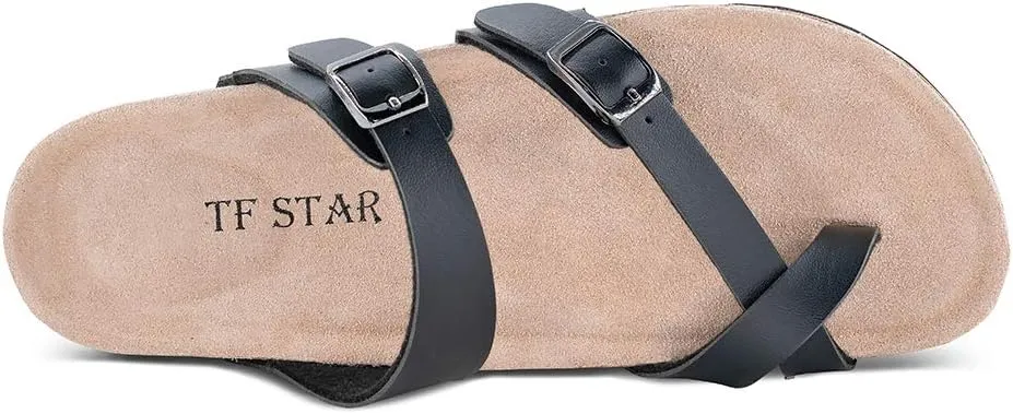 TF STAR Adjustable Sandals, Flat Leather Casual Slippers for Women & Ladies, Flip-Flops Ring Open-Toe Slide Cork Footbed for Teenagers/Girls