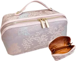 Travel Makeup Bag,Open Flat Toiletry Bag Make Up Organizer With Divider And Handle For Women(A)