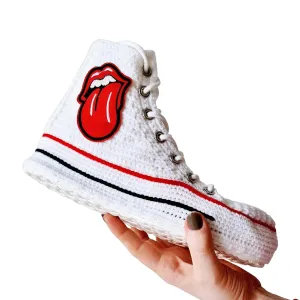 Unique Red Lips Patch Sneakers Slippers, Handmade Knitted Crochet Booties, Cozy Winter Warm Socks, Unisex Breathable Comfort, White Canvas Patchwork