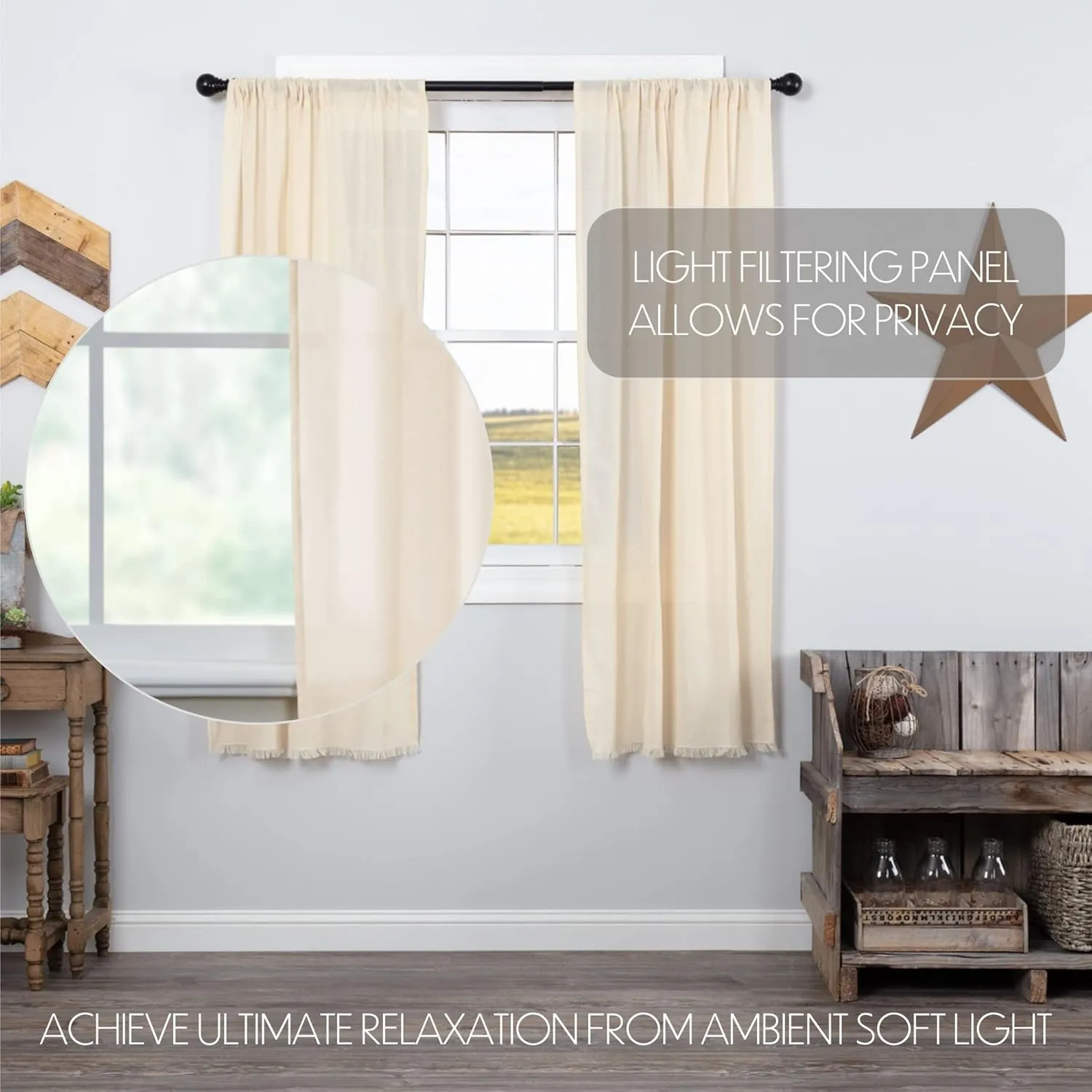 VHC Brands Tobacco Cloth Natural Curtain, Short Panel 63x36, 3