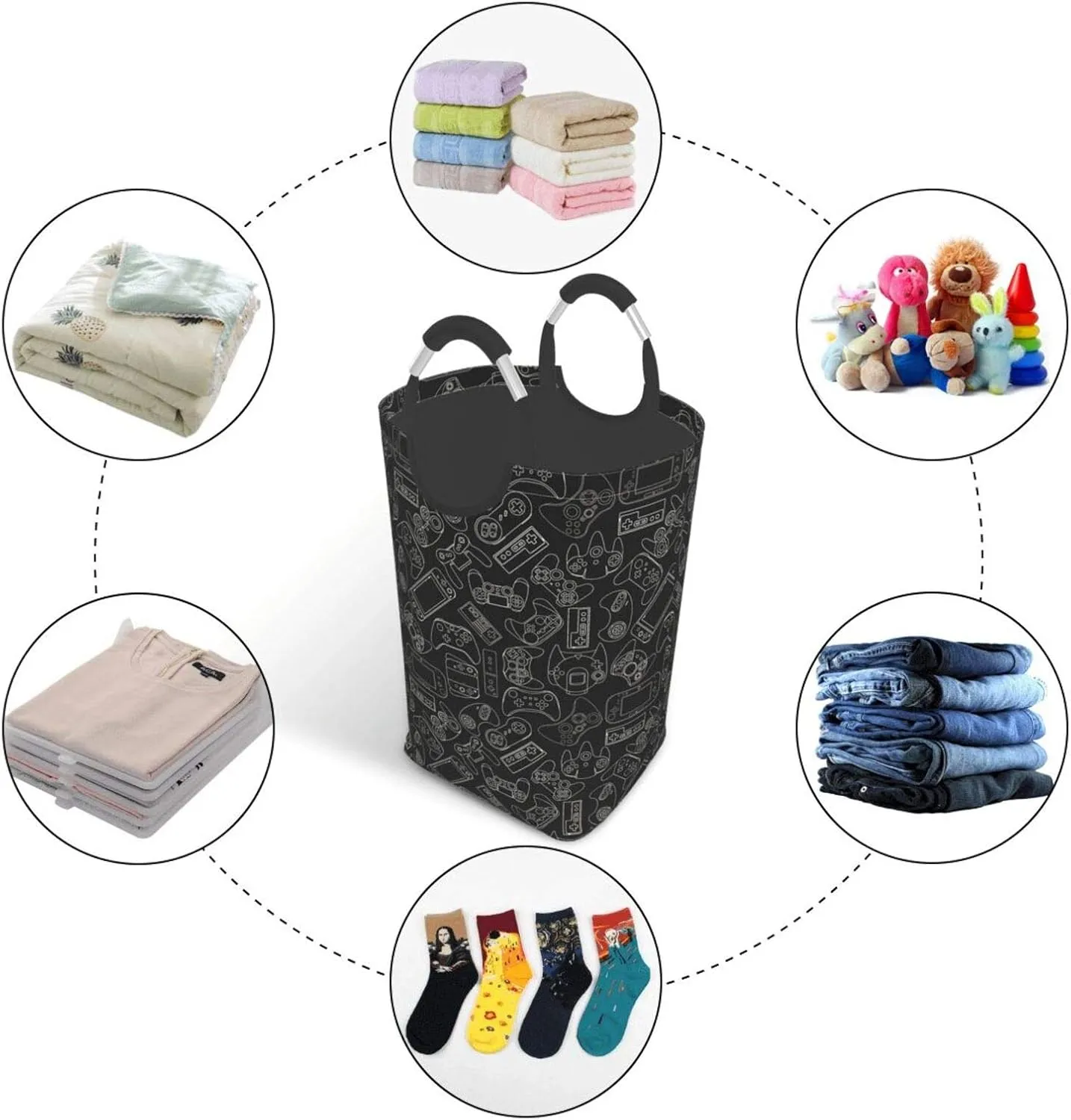 Video Game Controller Black Laundry Basket with Handles Laundry Hamper Toys Storage Organizer Foldable Bucket Washing Bin Dirty Clothes Bag for Home Bathroom Bedroom Dorm