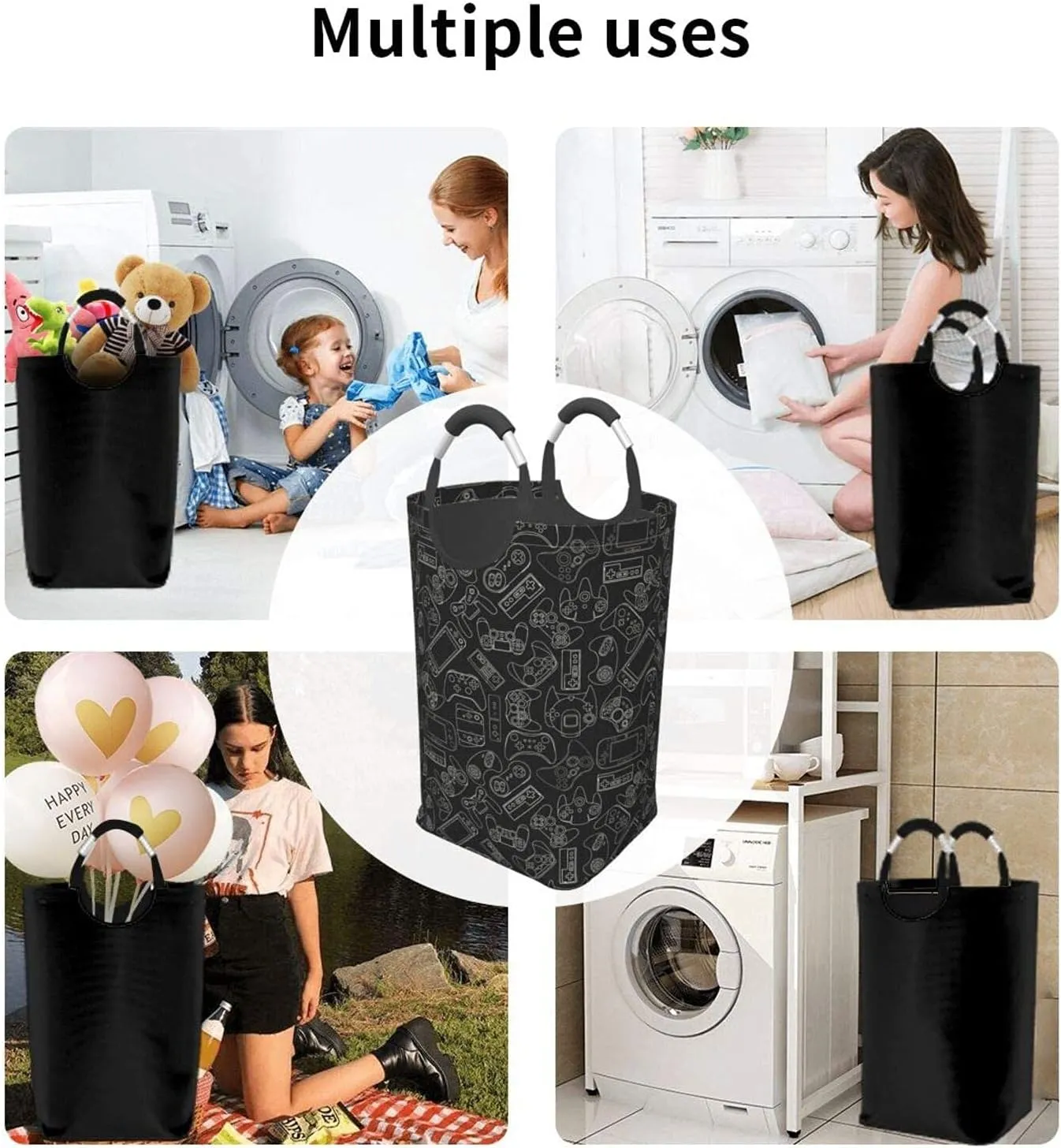 Video Game Controller Black Laundry Basket with Handles Laundry Hamper Toys Storage Organizer Foldable Bucket Washing Bin Dirty Clothes Bag for Home Bathroom Bedroom Dorm
