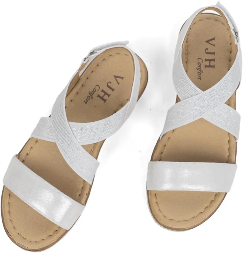 VJH confort Women's Flat sandals, Comfort Slip-on Elastic ankle strap Slingback Light Weight Casual Walking Sandals
