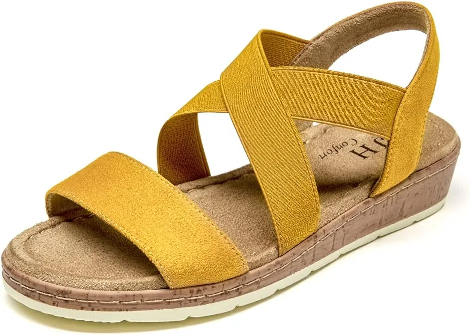 VJH confort Women's Flat sandals, Comfort Slip-on Elastic ankle strap Slingback Light Weight Casual Walking Sandals