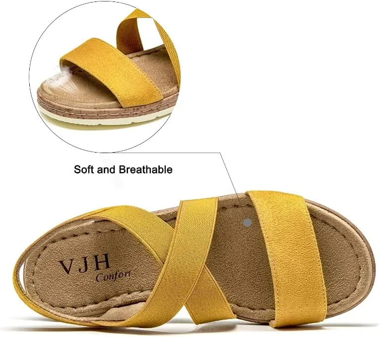 VJH confort Women's Flat sandals, Comfort Slip-on Elastic ankle strap Slingback Light Weight Casual Walking Sandals