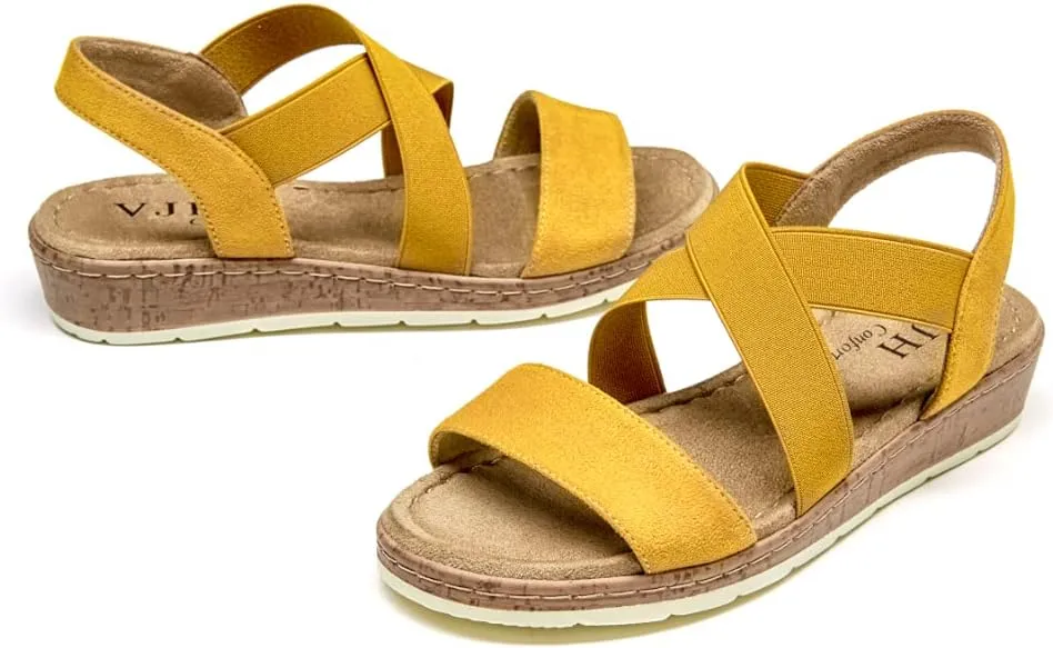 VJH confort Women's Flat sandals, Comfort Slip-on Elastic ankle strap Slingback Light Weight Casual Walking Sandals