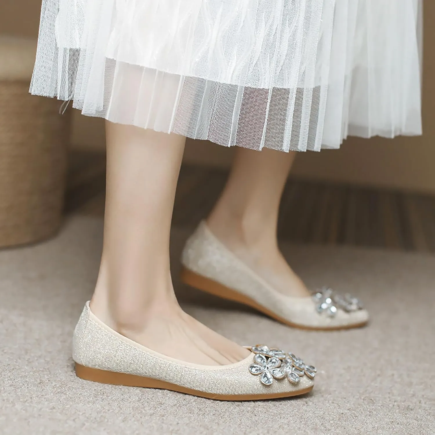 Women Ballet Flats Bling Cute Rhinestone Wedding Ballerina Shoes Foldable Sparkly Comfort Slip on Flat Shoes