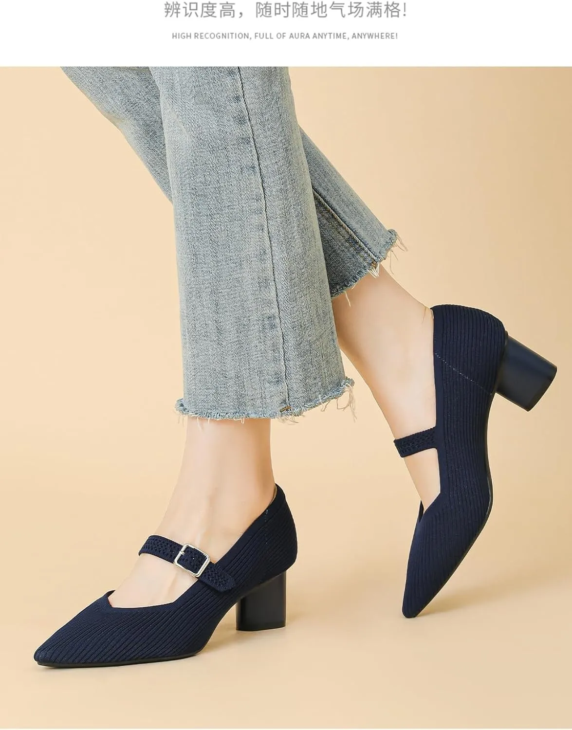 Women Knit Pointed Toe Chunky Heel Mary Jane Dress Shoes for Women Mesh Softable Comfort Low Block Heels Ankle Buckle Strap Work Mary Jane Pumps