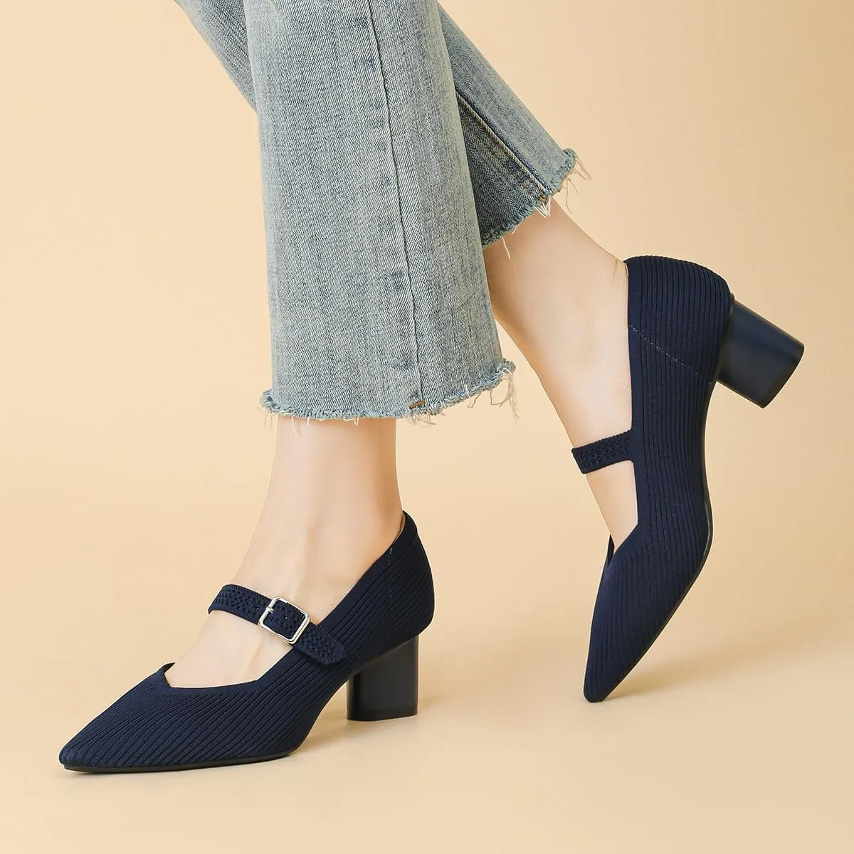 Women Knit Pointed Toe Chunky Heel Mary Jane Dress Shoes for Women Mesh Softable Comfort Low Block Heels Ankle Buckle Strap Work Mary Jane Pumps