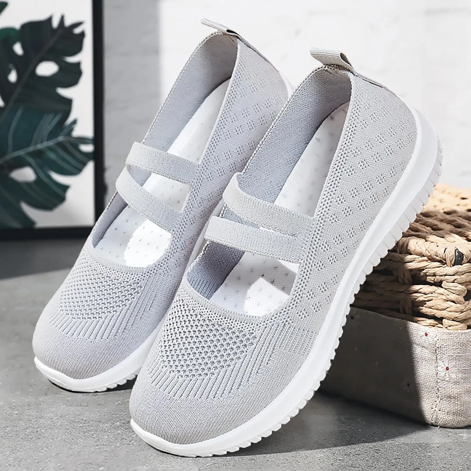 Women Mary Jane Walking Shoes Comfortable Knit Flats Slip on Dress Shoes for Women Casual Nurse Flats Diabetic Shoes with Arch Support