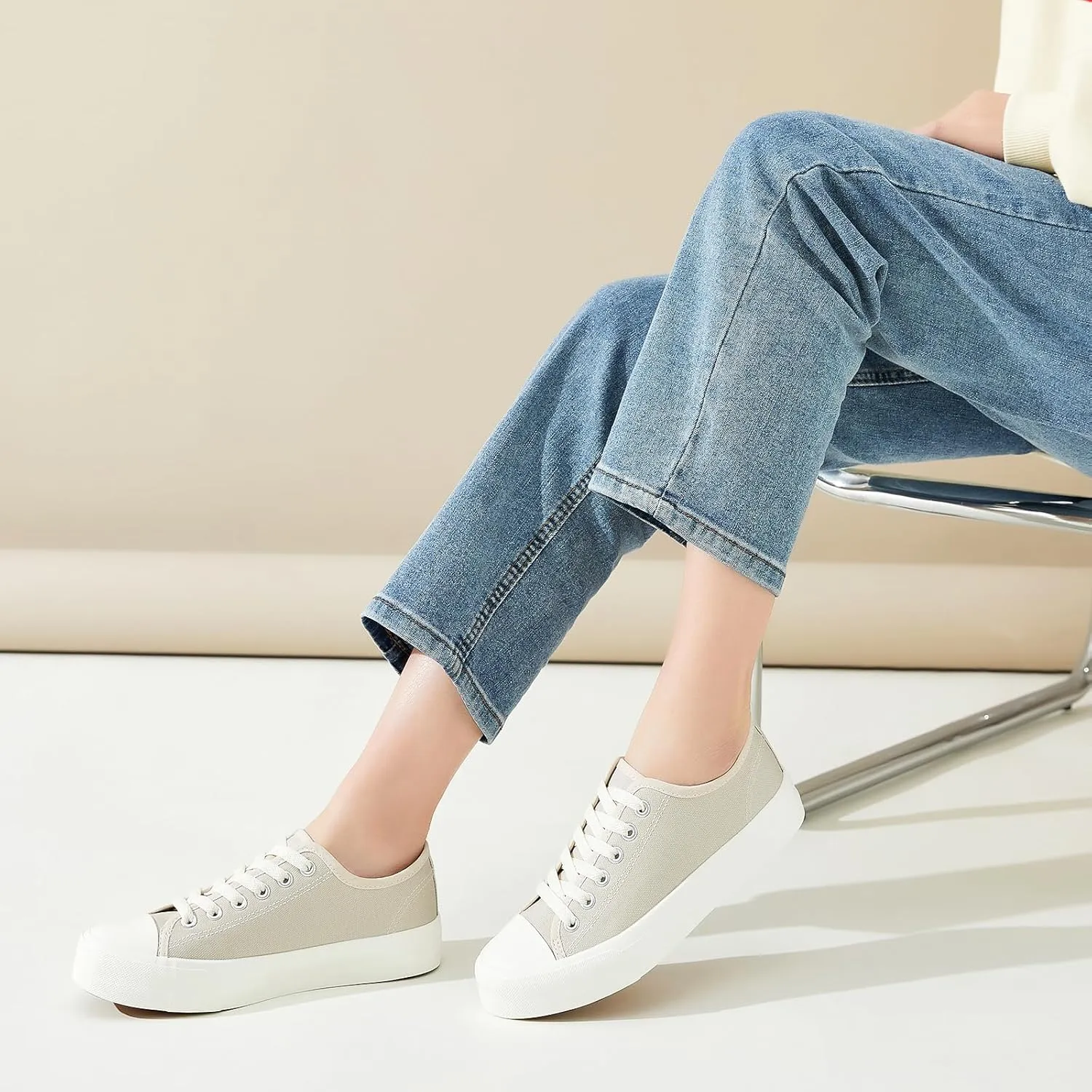 Womens Breathable Canvas Shoes,Lace up Canvas Sneakers for Women,Low Top Fashion Sneakers,Classic Black and White Sneakers