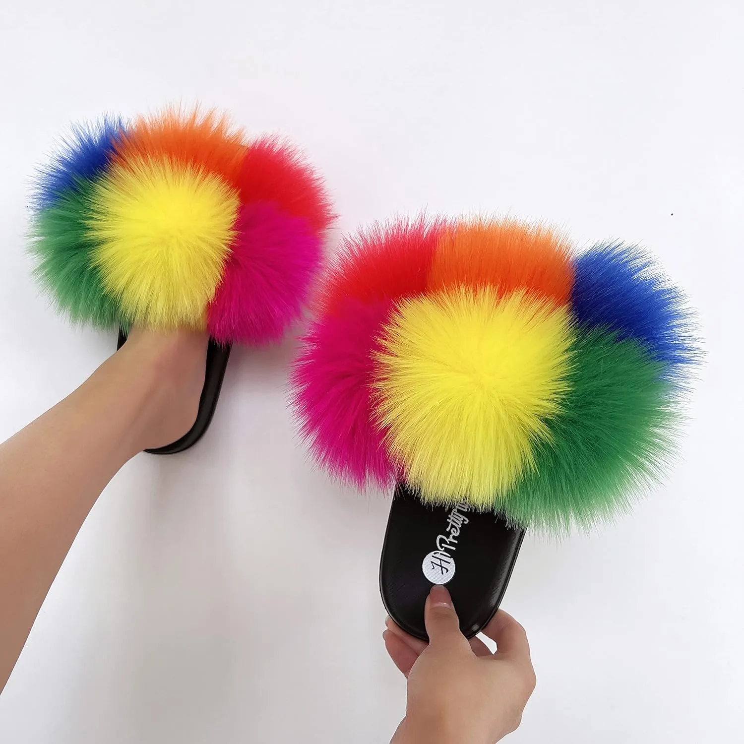 Women's Faux Fur Slides, Open Toe Cute Fur Slippers, Indoor or Outdoor Comfortable Furry Slide Sandals With Fluffy Fur