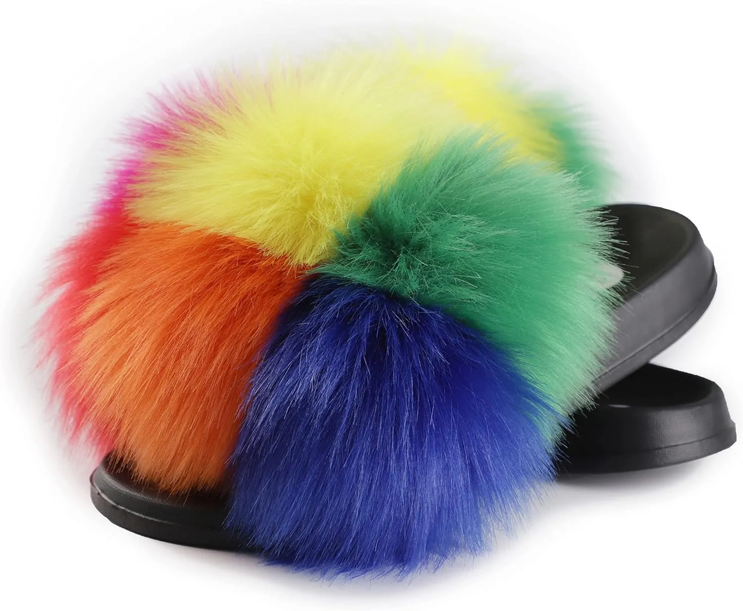 Women's Faux Fur Slides, Open Toe Cute Fur Slippers, Indoor or Outdoor Comfortable Furry Slide Sandals With Fluffy Fur