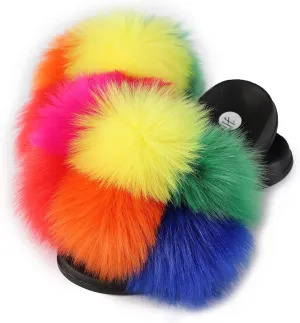 Women's Faux Fur Slides, Open Toe Cute Fur Slippers, Indoor or Outdoor Comfortable Furry Slide Sandals With Fluffy Fur