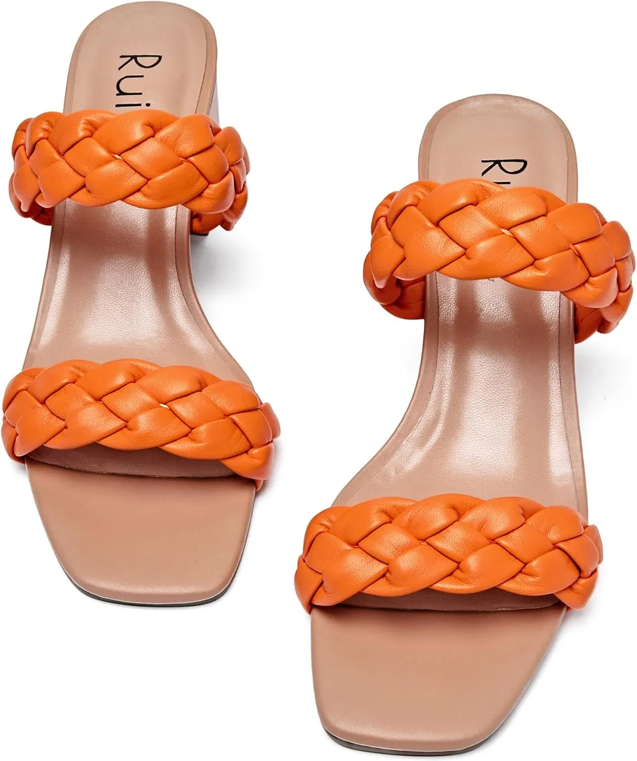 Women's Heels Braided Heeled Sandals, Squear Open Toe Slides Sandals Slip on Chunky Heel Sandals Dressy Summer Shoes for Women.