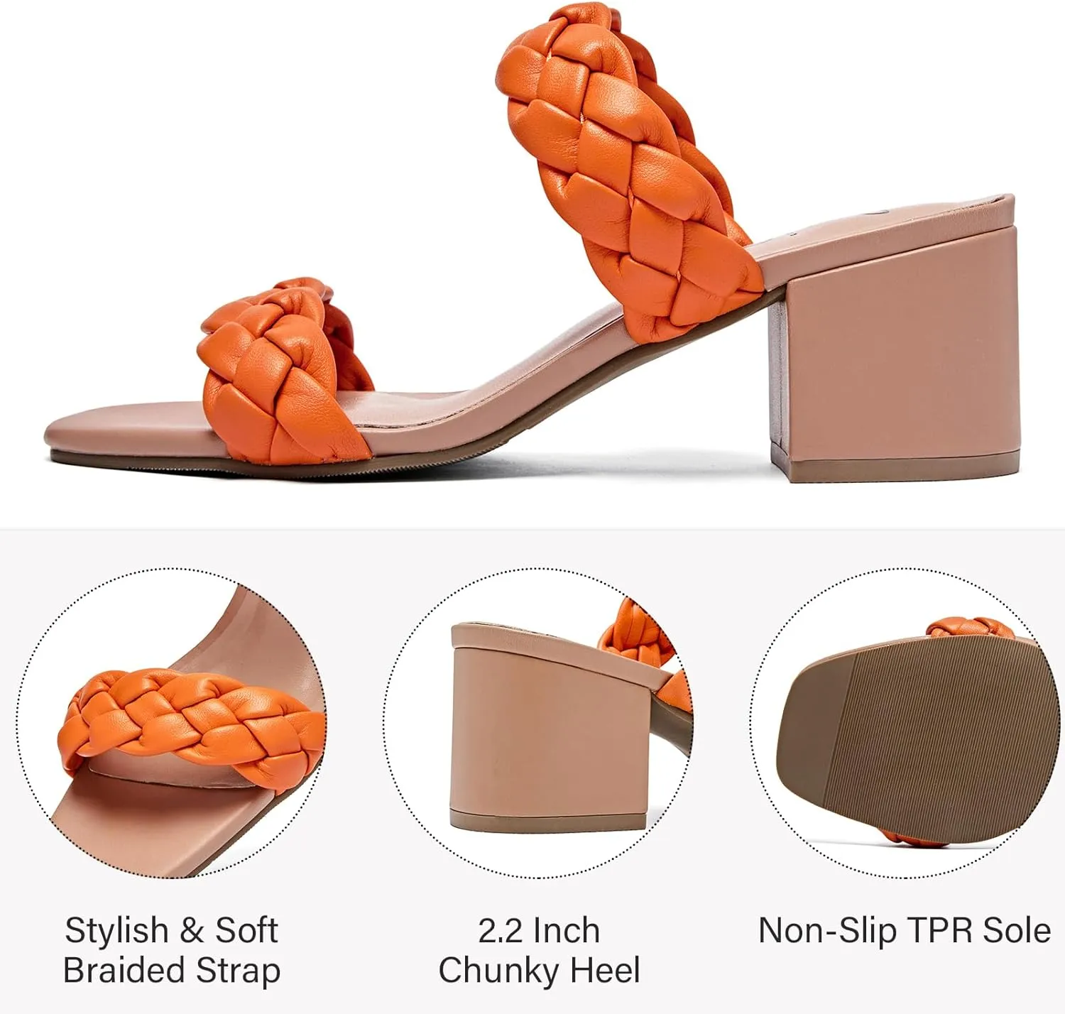 Women's Heels Braided Heeled Sandals, Squear Open Toe Slides Sandals Slip on Chunky Heel Sandals Dressy Summer Shoes for Women.