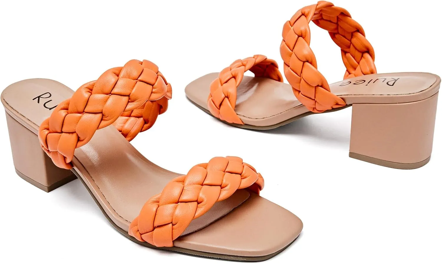 Women's Heels Braided Heeled Sandals, Squear Open Toe Slides Sandals Slip on Chunky Heel Sandals Dressy Summer Shoes for Women.