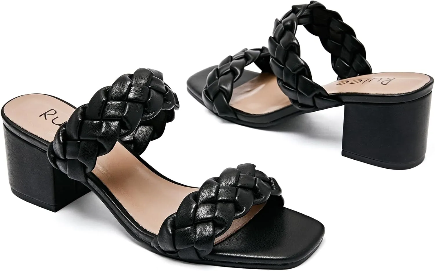 Women's Heels Braided Heeled Sandals, Squear Open Toe Slides Sandals Slip on Chunky Heel Sandals Dressy Summer Shoes for Women.