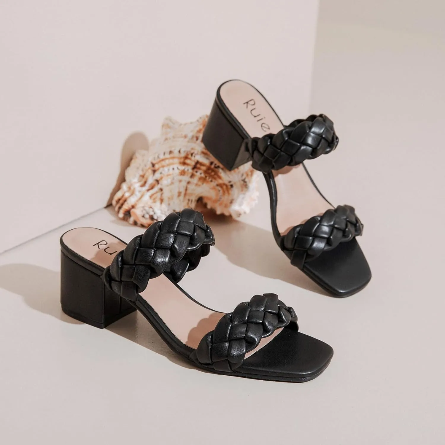 Women's Heels Braided Heeled Sandals, Squear Open Toe Slides Sandals Slip on Chunky Heel Sandals Dressy Summer Shoes for Women.