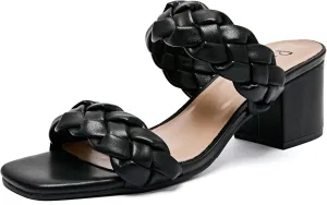 Women's Heels Braided Heeled Sandals, Squear Open Toe Slides Sandals Slip on Chunky Heel Sandals Dressy Summer Shoes for Women.