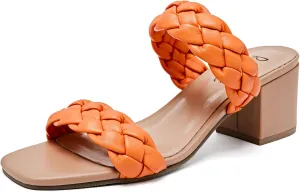 Women's Heels Braided Heeled Sandals, Squear Open Toe Slides Sandals Slip on Chunky Heel Sandals Dressy Summer Shoes for Women.