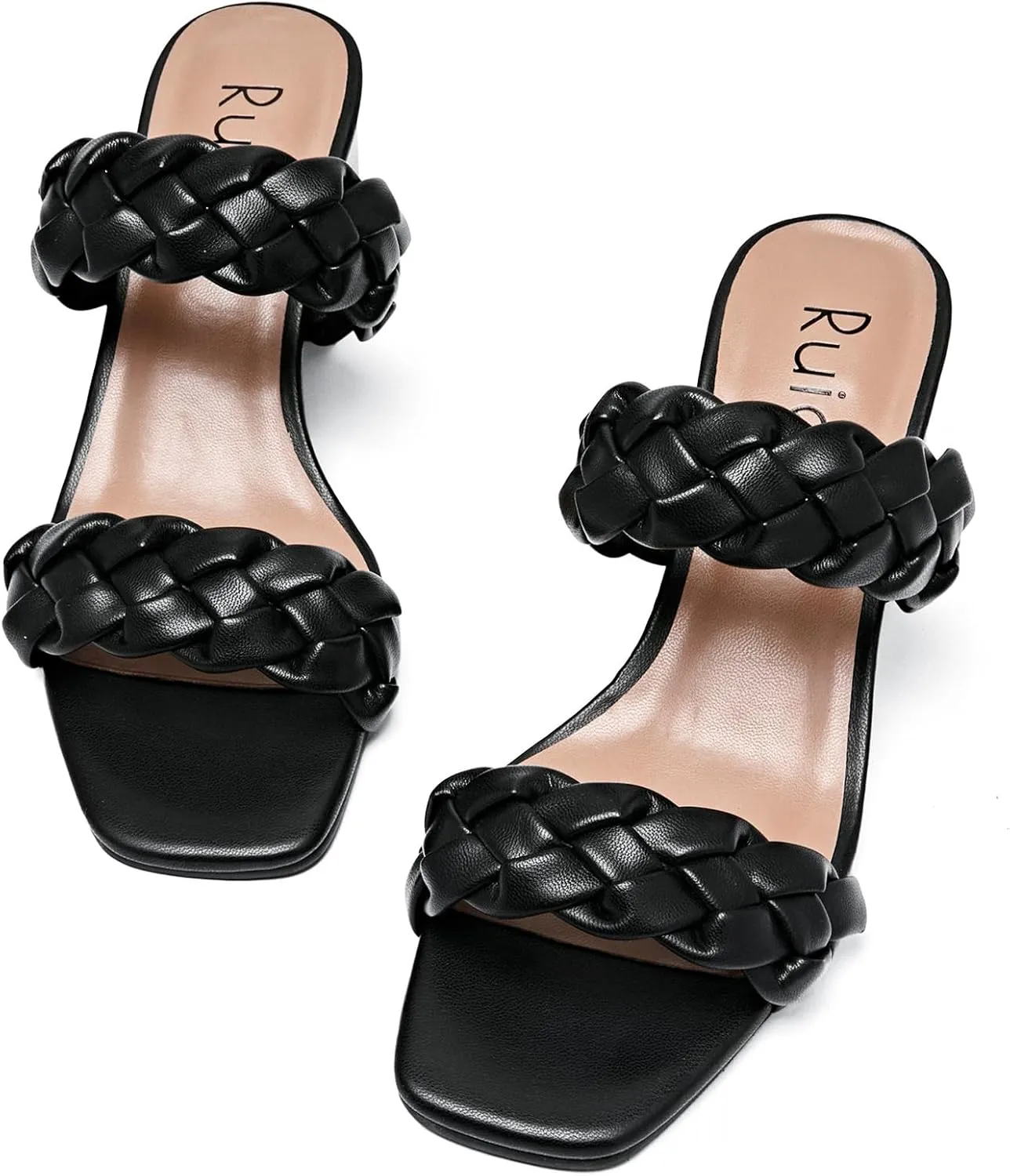 Women's Heels Braided Heeled Sandals, Squear Open Toe Slides Sandals Slip on Chunky Heel Sandals Dressy Summer Shoes for Women.