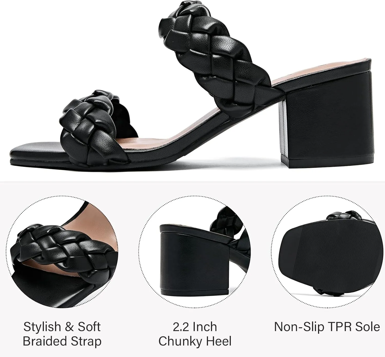 Women's Heels Braided Heeled Sandals, Squear Open Toe Slides Sandals Slip on Chunky Heel Sandals Dressy Summer Shoes for Women.