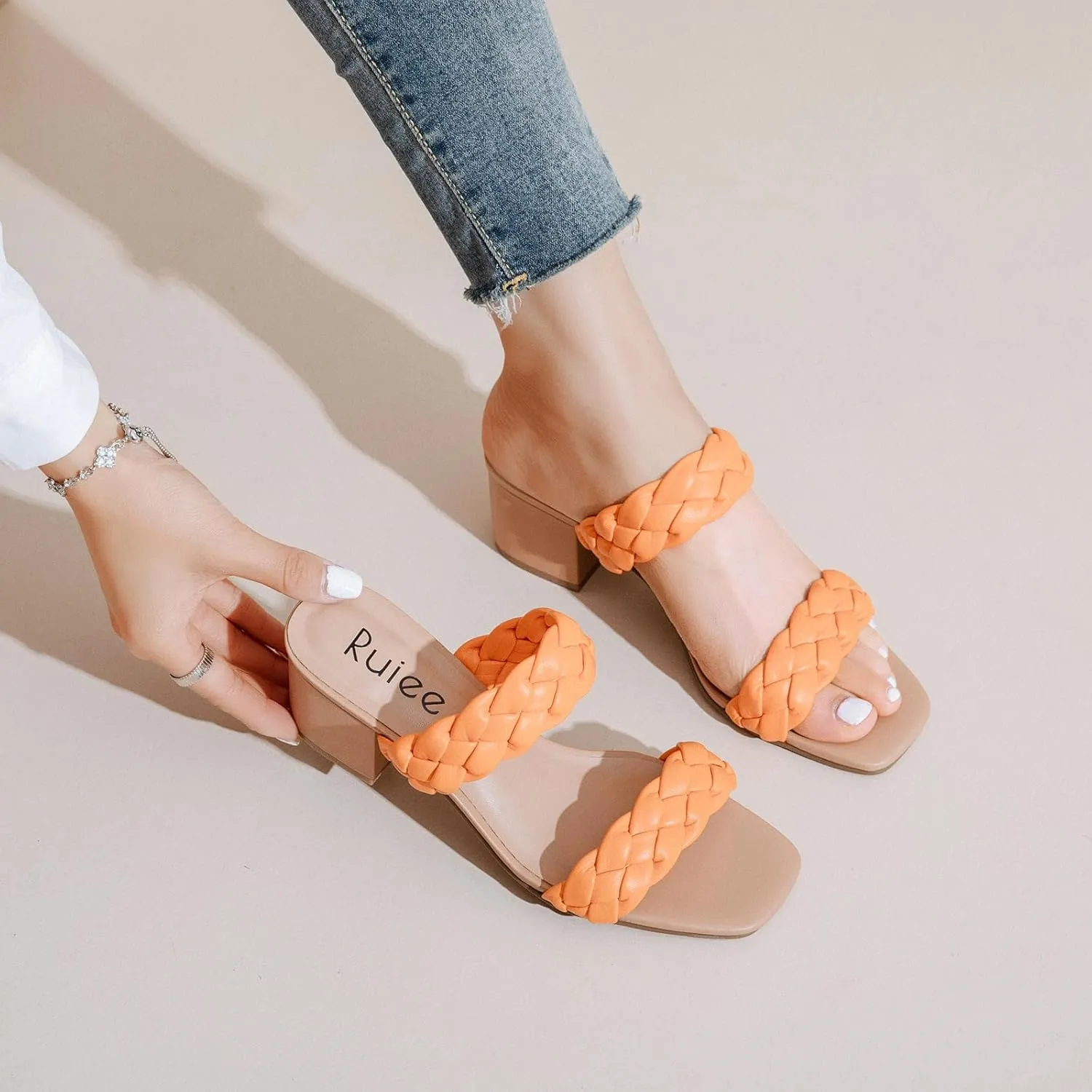 Women's Heels Braided Heeled Sandals, Squear Open Toe Slides Sandals Slip on Chunky Heel Sandals Dressy Summer Shoes for Women.