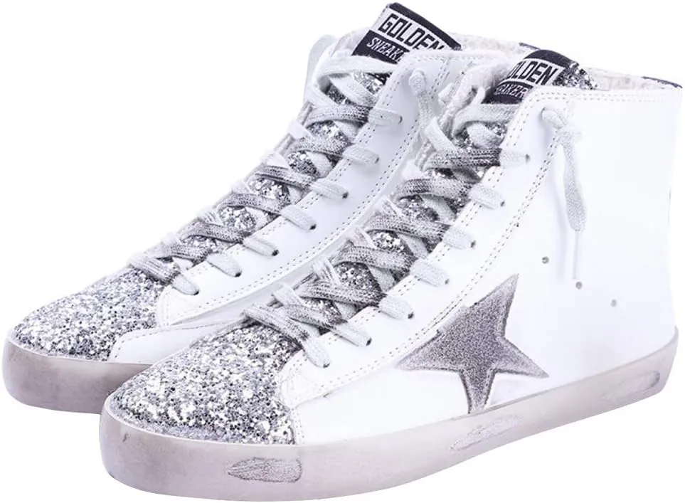 Women's High Top Fashion Flat Sneakers Distressed Design Lace up Star Glitter Shoes