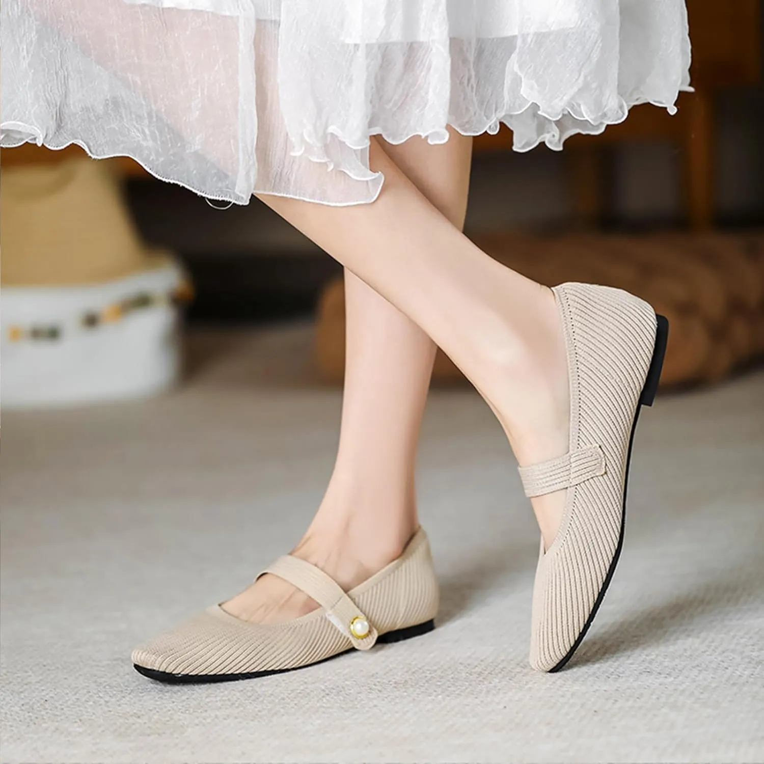 Women's Knit Mary Jane Flats - Lightweight Breathable Slip-On Flats with Adjustable Hook Loop, Pointed Toe Dressy Casual Shoes for Women Machine Washable